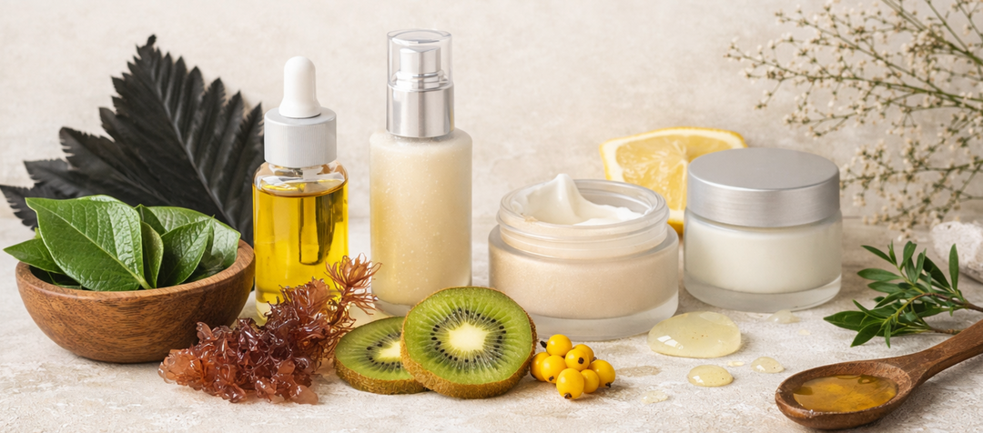 Hark & Zander skincare ingredients laid out together: kawakawa leaves, black fern, red seaweed, kiwifruit, lemon and honey beside a face oil, a serum and two jars of creme.