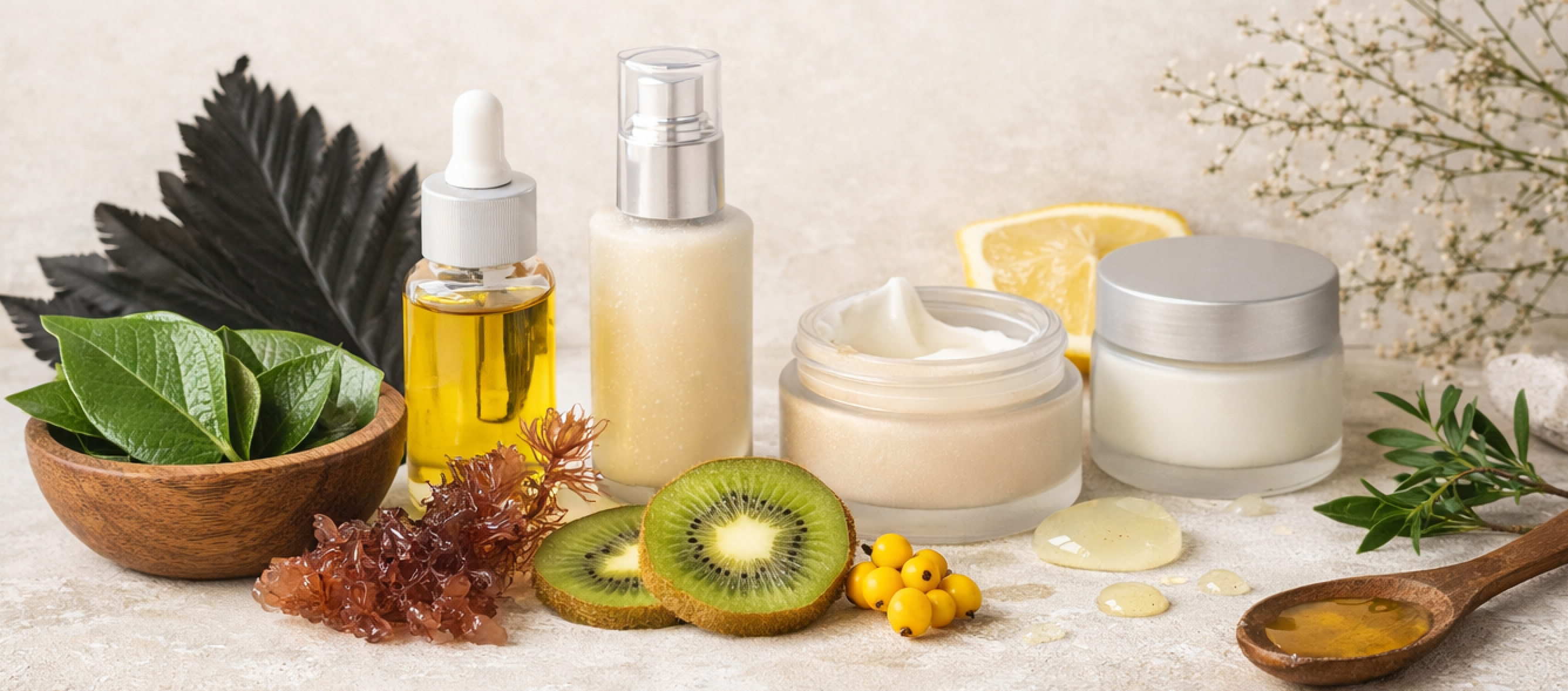 Hark & Zander skincare ingredients laid out together: kawakawa leaves, black fern, red seaweed, kiwifruit, lemon and honey beside a face oil, a serum and two jars of creme.