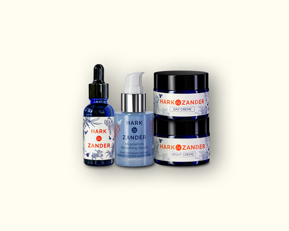 Three skincare products from Hark & Zander on a white background