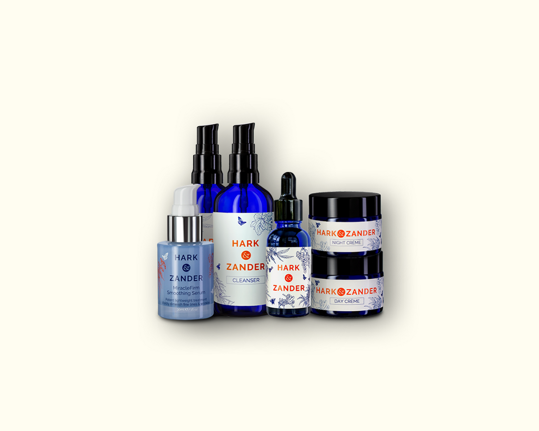 Collection of Hark Zander skincare products on a white background